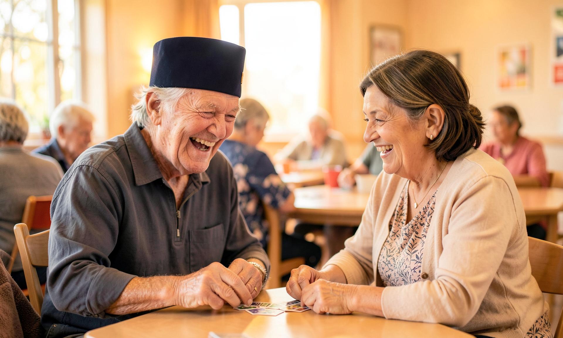 A smiling veteran playing cards with a caregiver at a 2nd Home Community adult day center